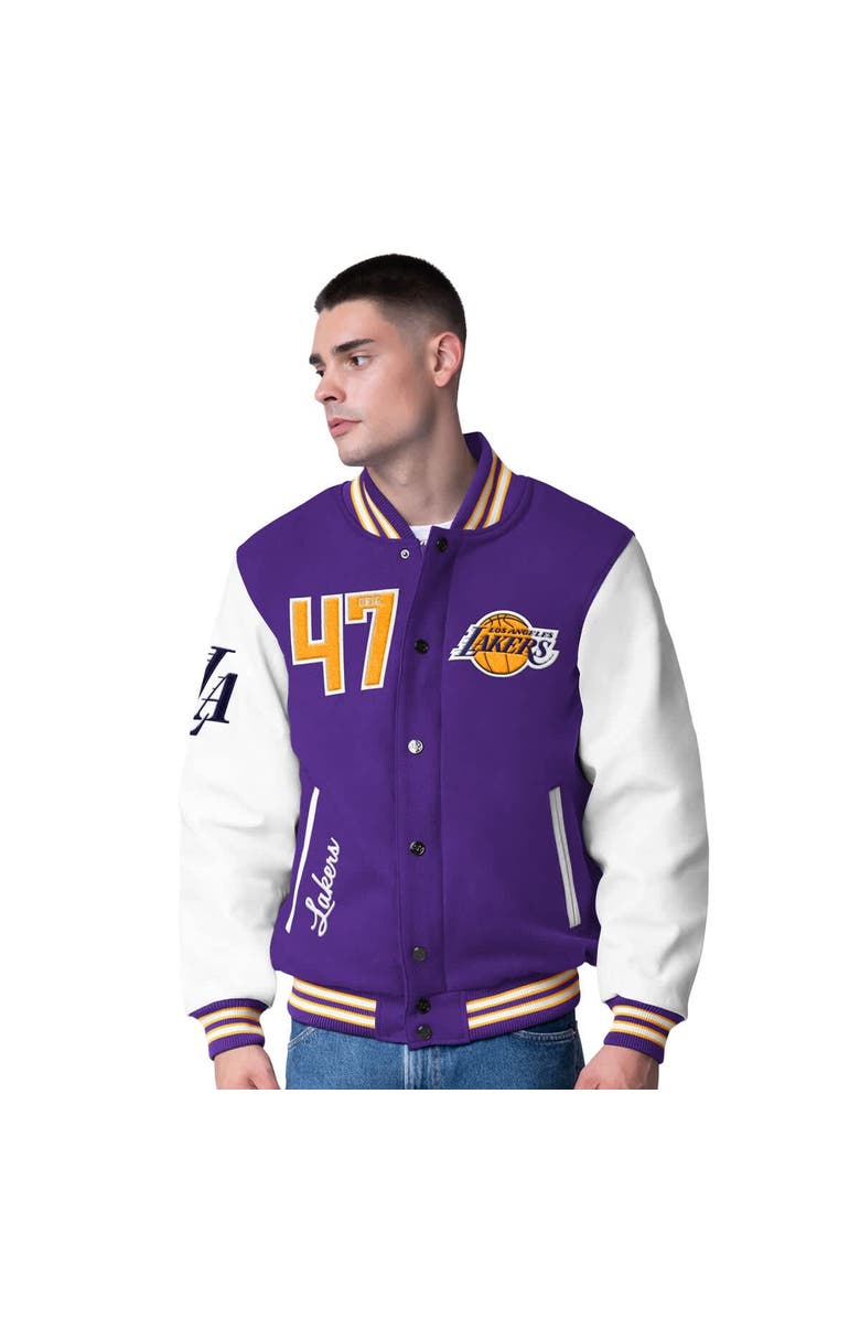 G-III SPORTS BY CARL BANKS Men's G-III Sports by Carl Banks Purple Los Angeles Lakers Moneyball Wool & Leather Full-Snap Varsity Jacket, Alternate, color, Purple