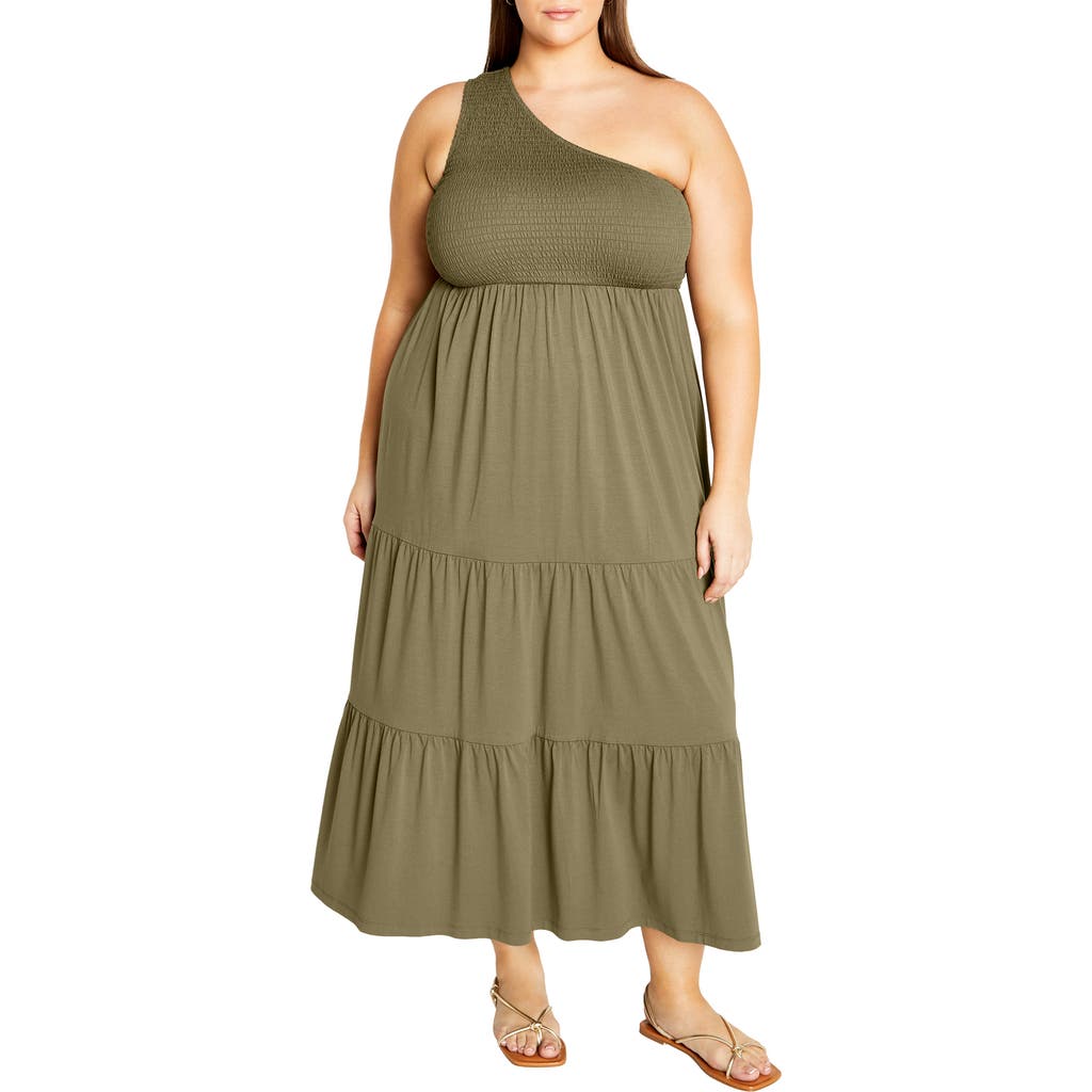 City Chic Darcy Smocked One Shoulder Dress In Green