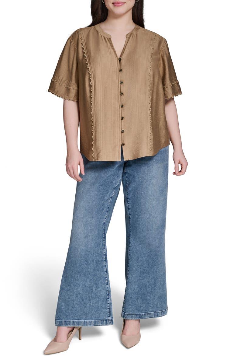 Nailhead Stud Detail Metallic Button-Up Shirt, Alternate, color, CARTOUCHE
