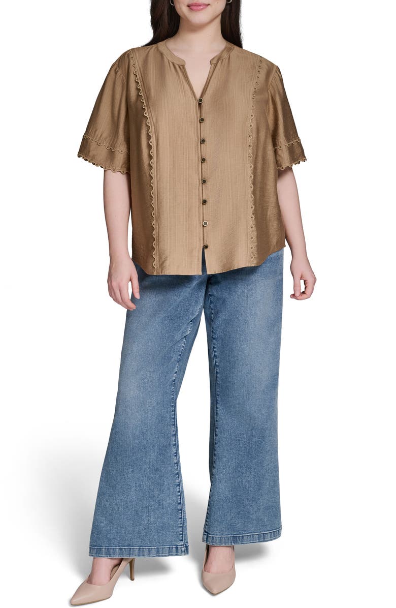 KARL LAGERFELD PARIS Nailhead Stud Detail Metallic Button-Up Shirt, Alternate, color, Cartouche
