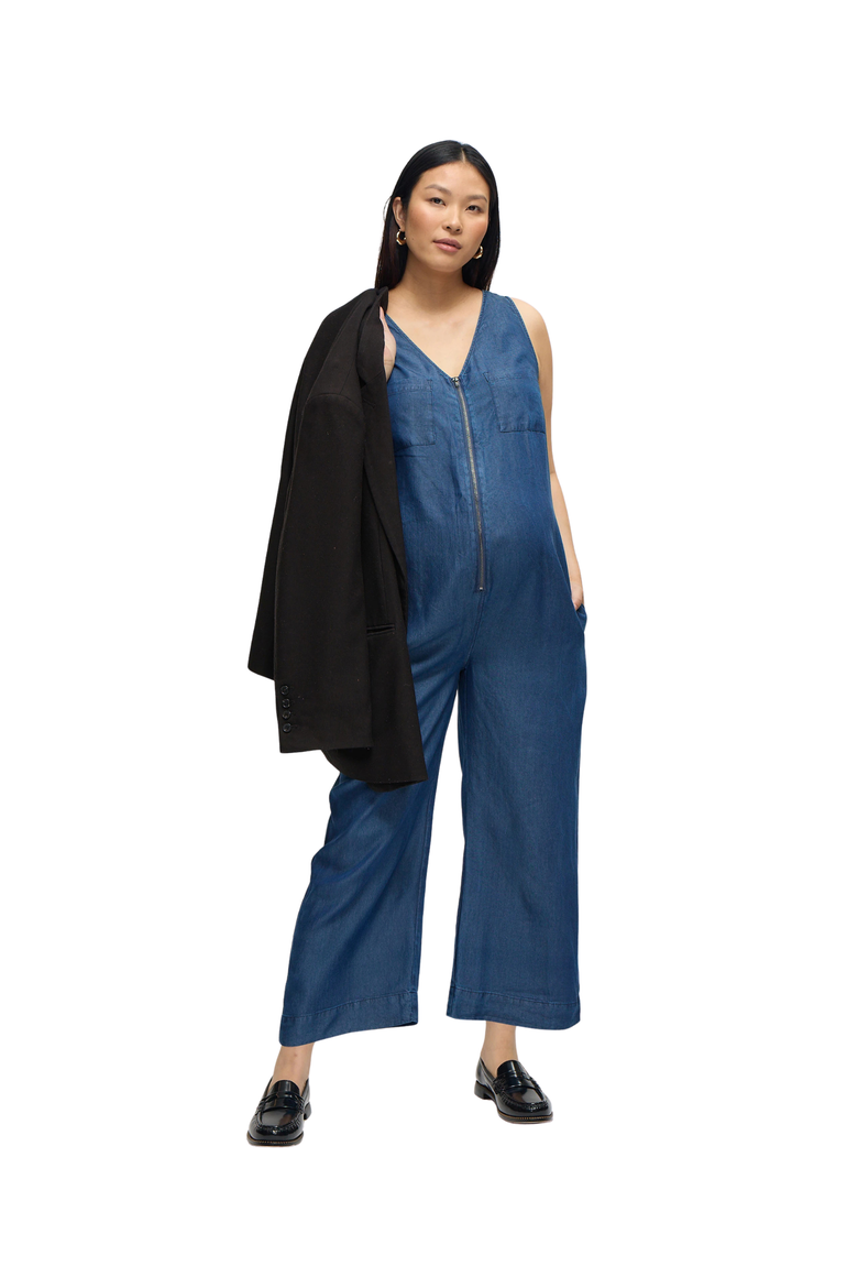 The Zip & Relax Chambray Maternity + Nursing Jumpsuit, Main, color, Indigo