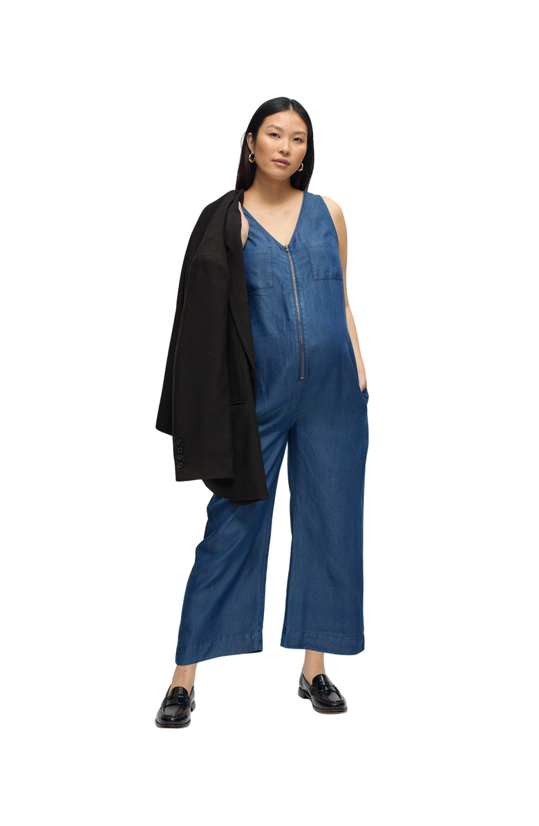 Ingrid & Isabel The Zip & Relax Chambray Maternity + Nursing Jumpsuit, Main, color, Indigo