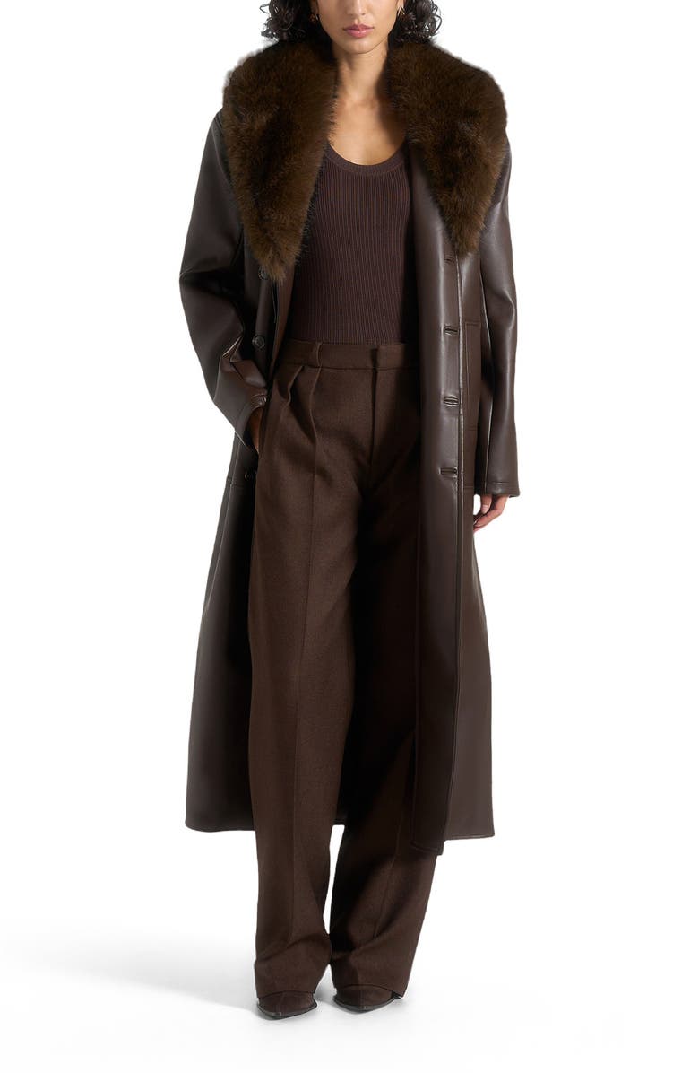 Manière De Voir Cenya Fur Collar Belted Leather Coat, Alternate, color, Brown