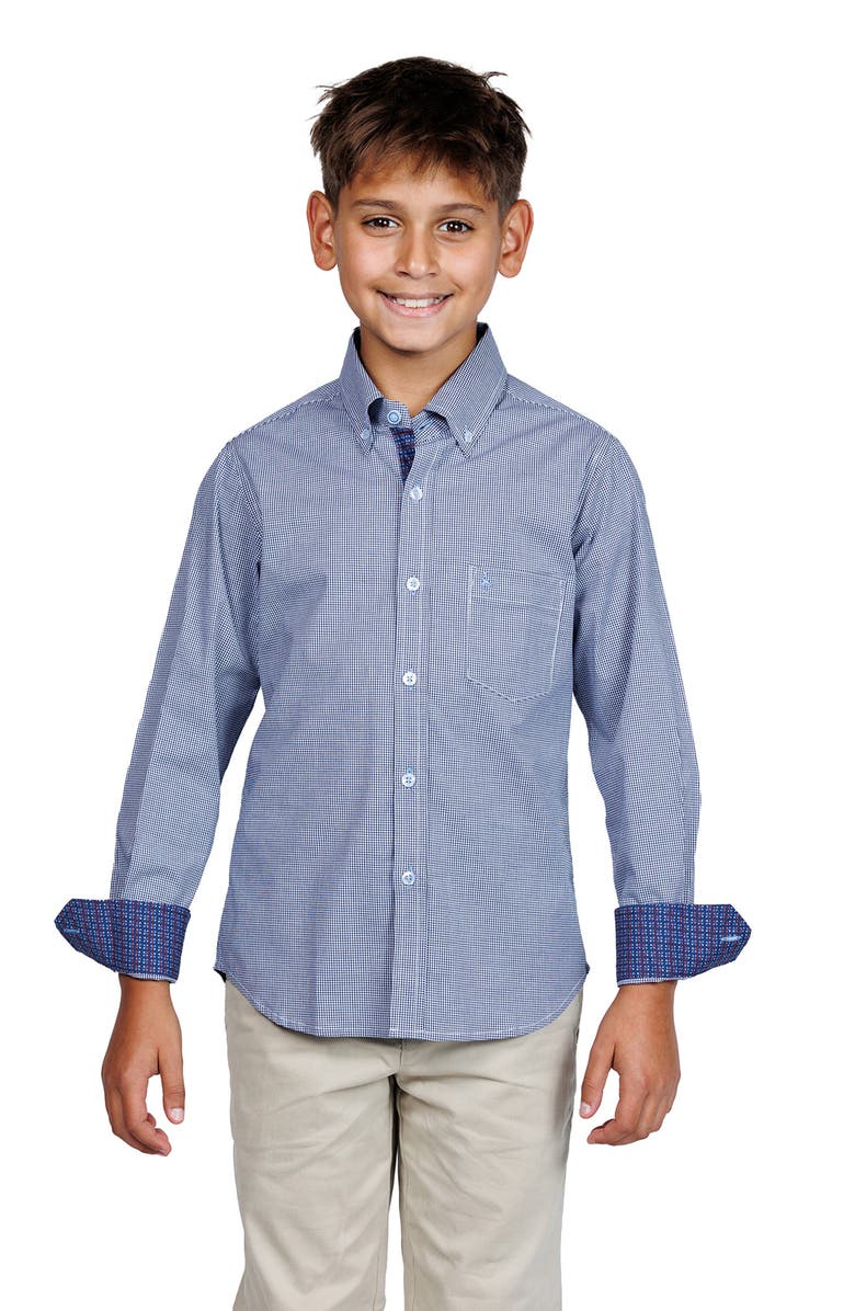TailorByrd Kids' Signature Gingham Print Button-Up Shirt, Alternate, color, Navy