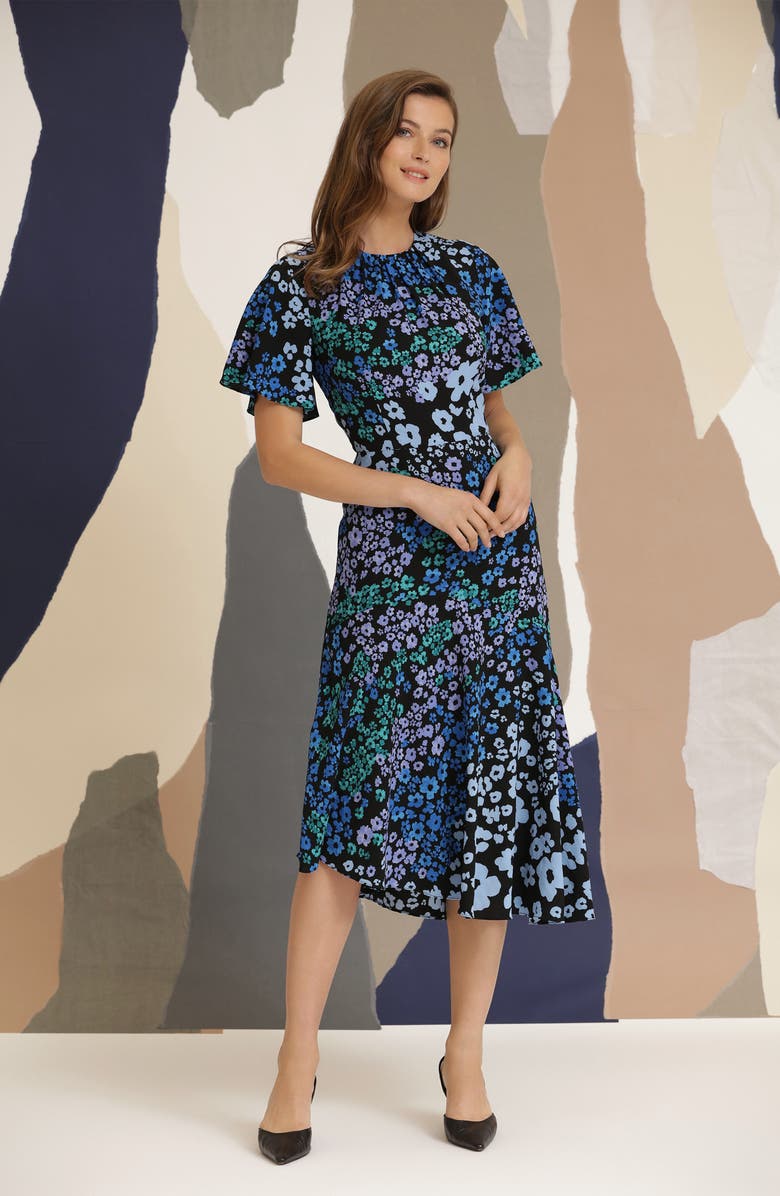 Maggy London Floral Flutter Sleeve Midi Dress, Alternate, color, Black/ Blue