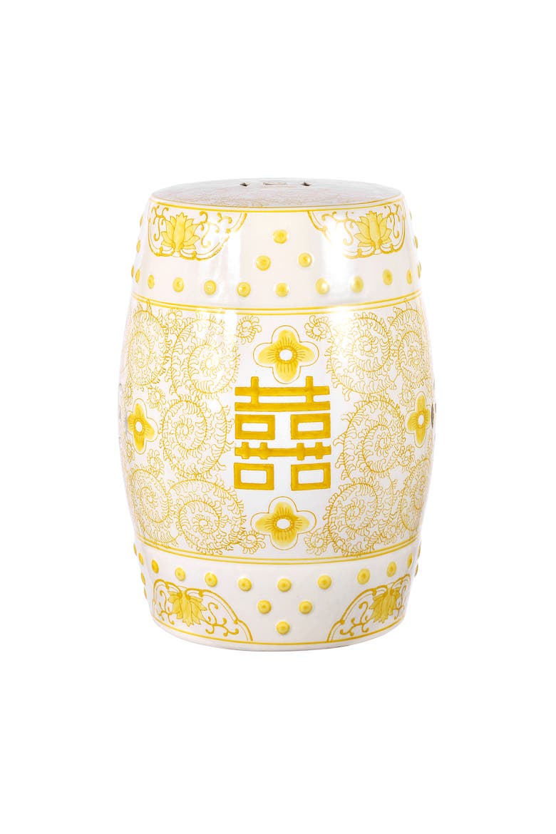Double Happiness Traditional Ceramic Garden Stool, Indoor/Outdoor Chinoiserie Double Happiness Patio Drum Accent Side Table, Main, color, Yellow/White