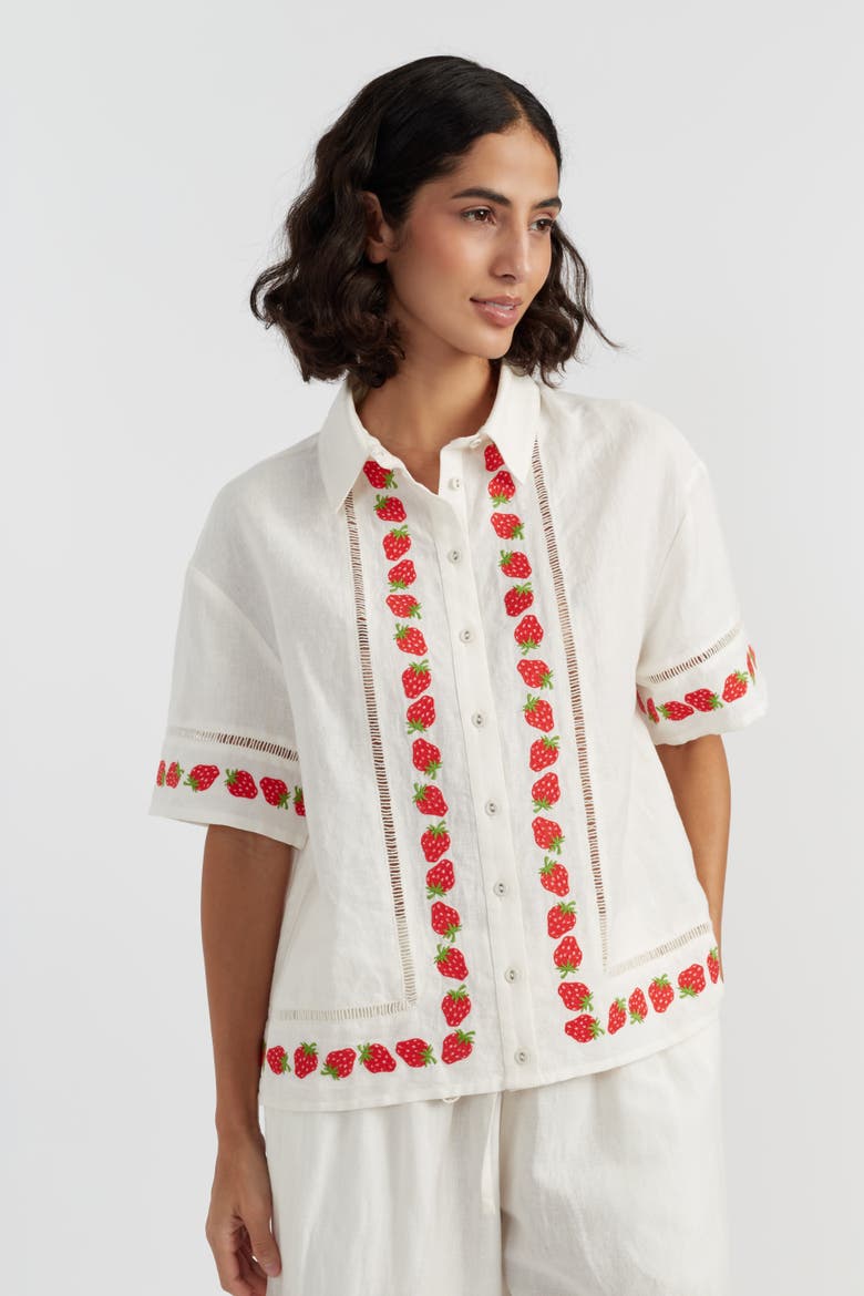Linen-Blend Strawberry Shirt, Main, color, Cream