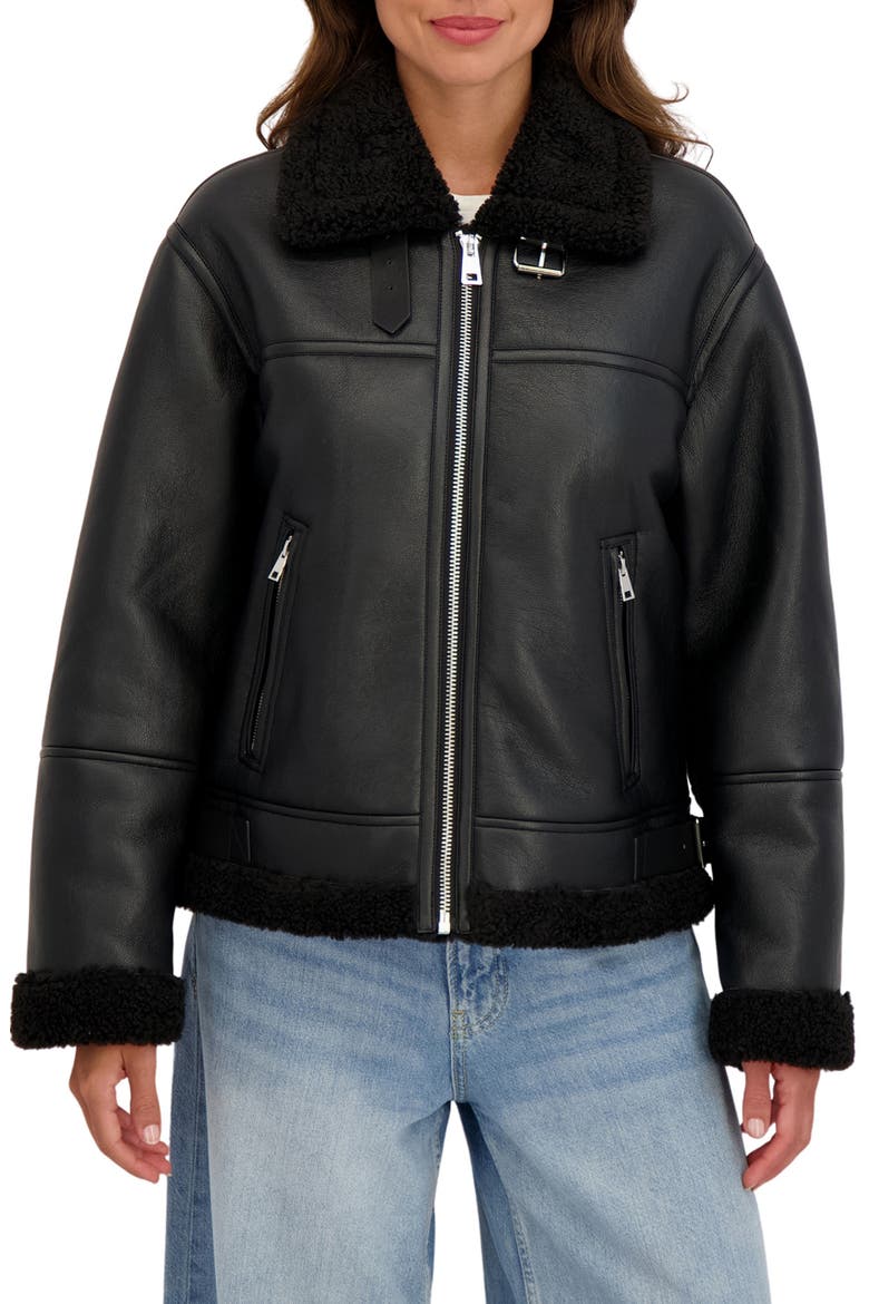 Faux Shearling Collar Aviator Jacket, Main, color, BLACK