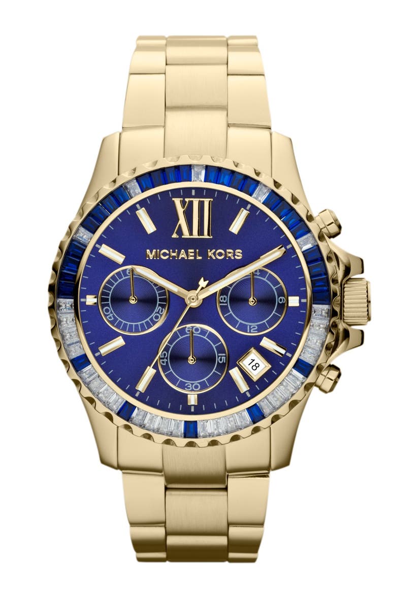 Michael Kors 'Everest' Baguette Crystal Bezel Bracelet Watch, 41mm, Main, color, GOLD/ PINK