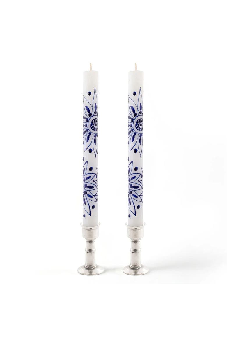 Henna Blue on White Painted Candles - Set of 2, Main, color, Henna Blue - 9"