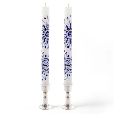 Henna Blue on White Painted Candles - Set of 2