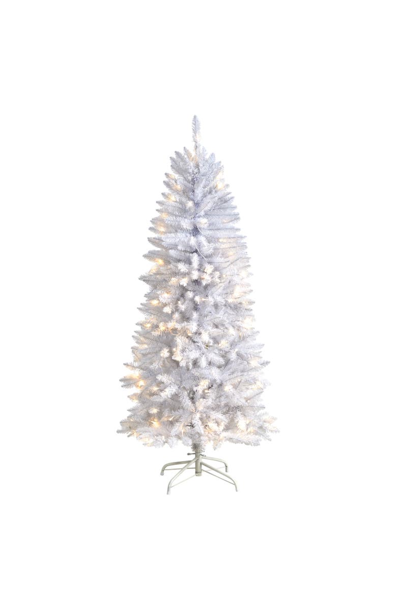 NEARLY NATURAL 5-ft Slim White Artificial Christmas Tree with 150 Warm White LED Lights and 491 Bendable Branches, Main, color, White