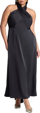 ELOQUII Halter Neck Satin Maxi Dress