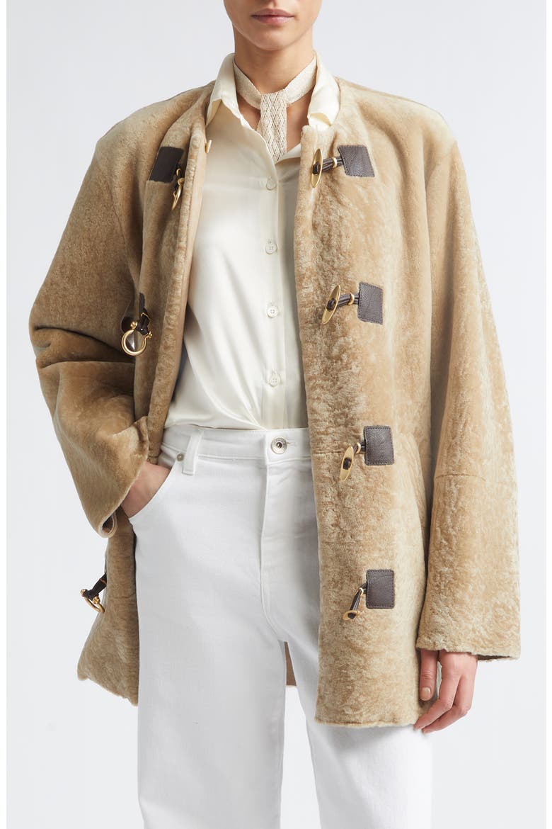 Collarless Genuine Shearling Coat, Main, color, SAND