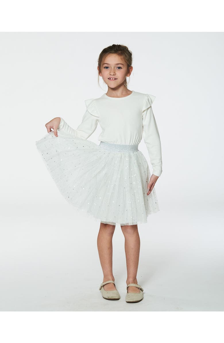 Deux par Deux Girl's Long Sleeve Dress With Glittering Tulle Skirt Off White, Alternate, color, 