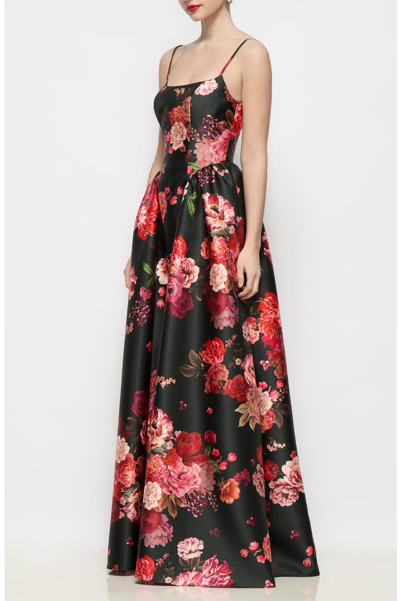 Jillian Floral Satin Twill Gown, Alternate, color, WINE BLACK MULTI