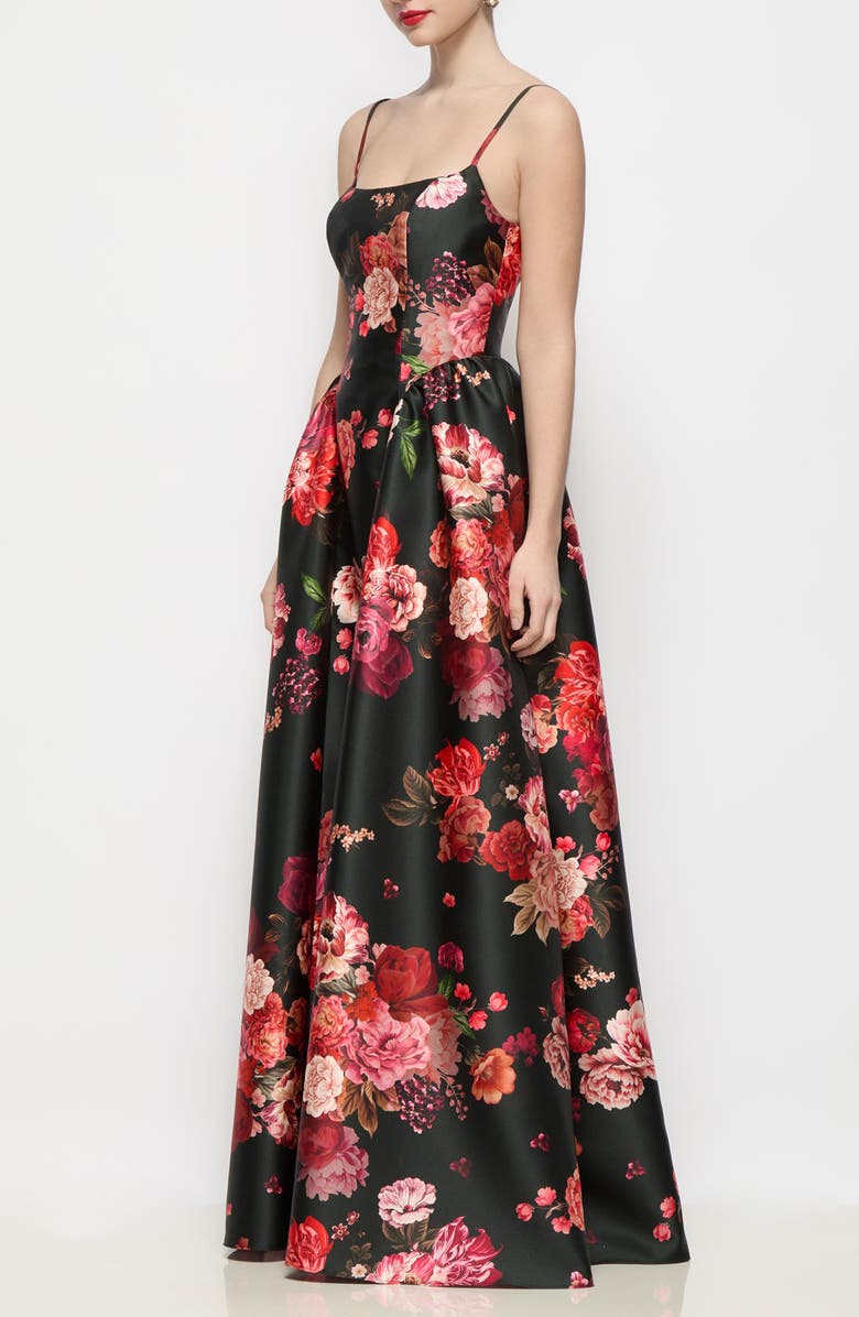 Dessy Collection Jillian Floral Satin Twill Gown, Alternate, color, Wine Black Multi