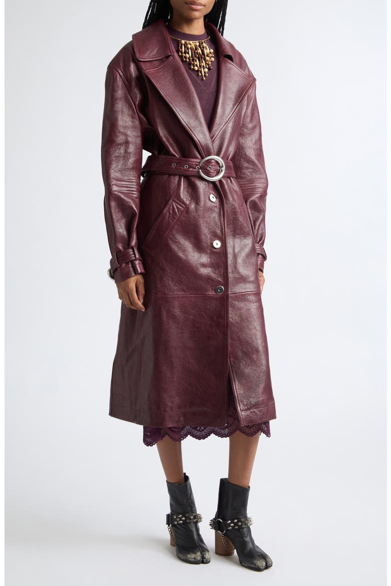 Genuine Shearling Trim Belted Leather Coat, Alternate, color, BURGUNDY