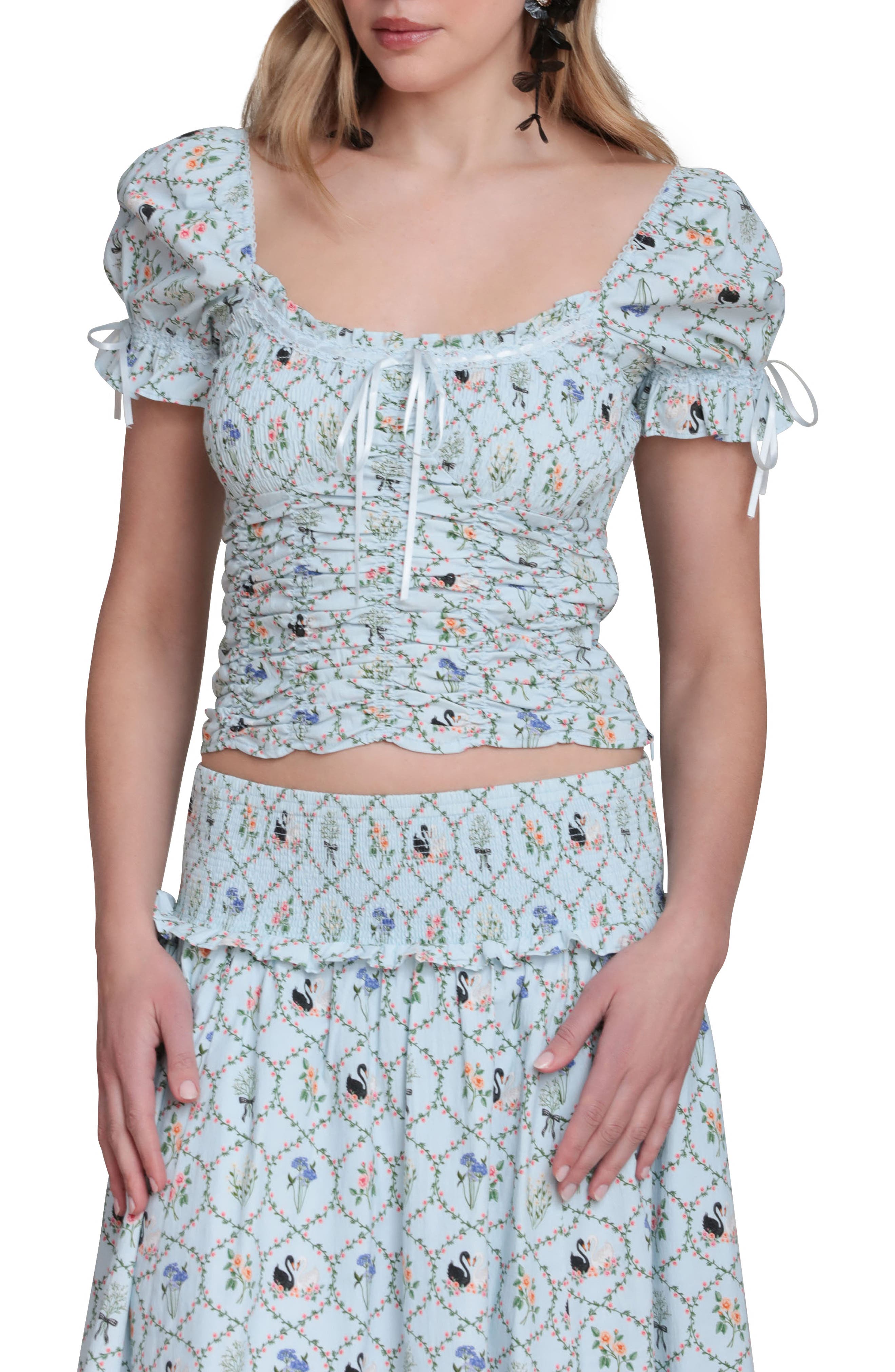 Floral Lattice Peasant Top