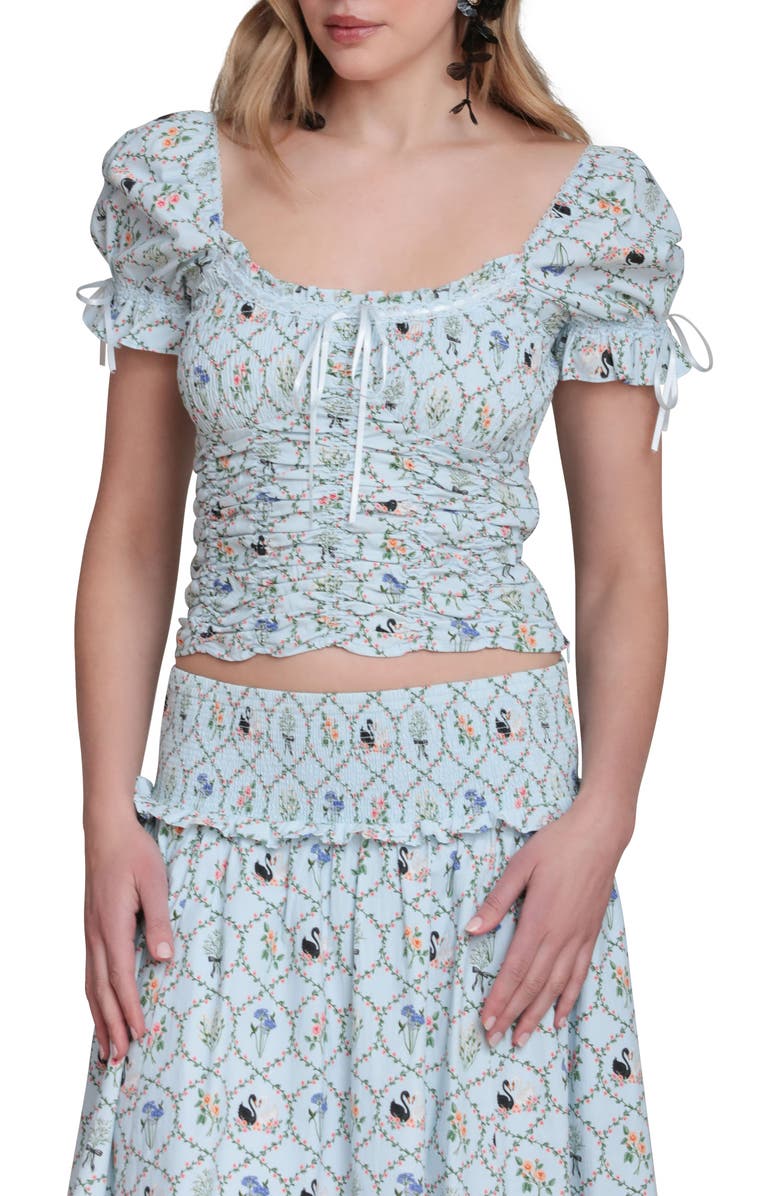 Avec Les Filles Floral Lattice Peasant Top, Main, color, Blue Swan
