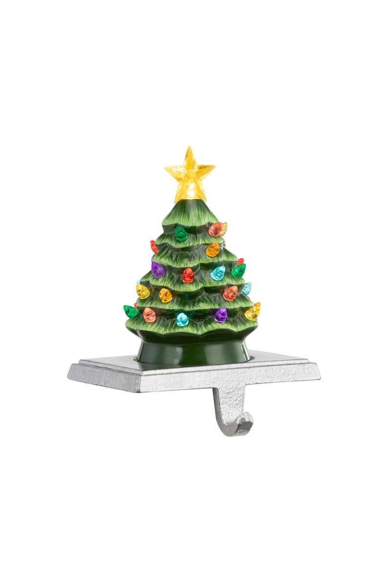 5 in. Lit Ceramic Green Tree Stocking Hanger, Main, color, Green