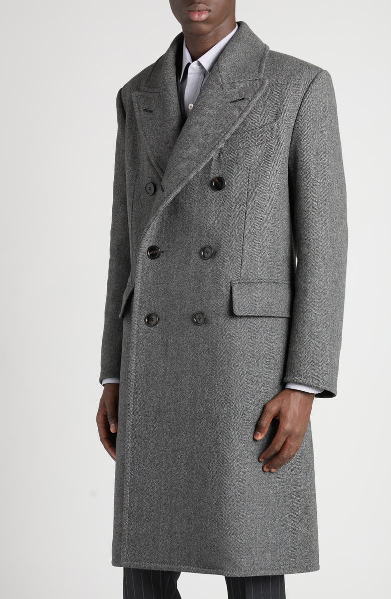 TOM FORD Double Breasted Grey Wool Herringbone Overcoat, Alternate, color, Combo Dark Grey/ Black