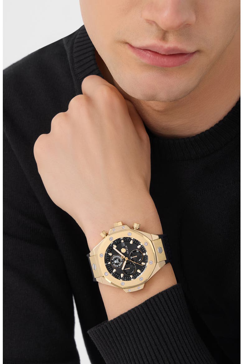 Plein Royal Chronograph Silicone Strap Watch, 46mm, Alternate, color, IP YELLOW GOLD