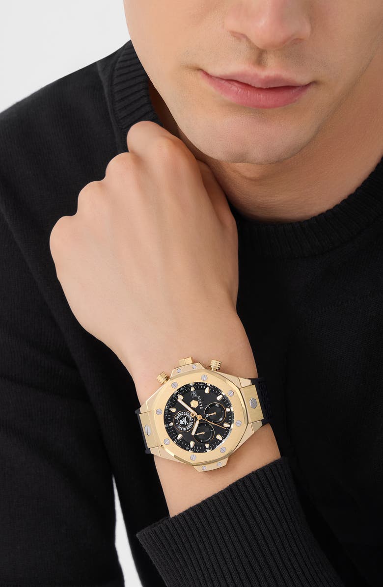PHILIPP PLEIN Plein Royal Chronograph Silicone Strap Watch, 46mm, Alternate, color, Ip Yellow Gold