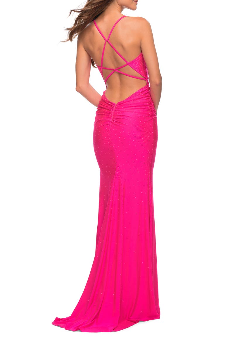 Sparkle Rhinestone Long Jersey Prom Dress in Neon Pink, Alternate, color, Neon Pink