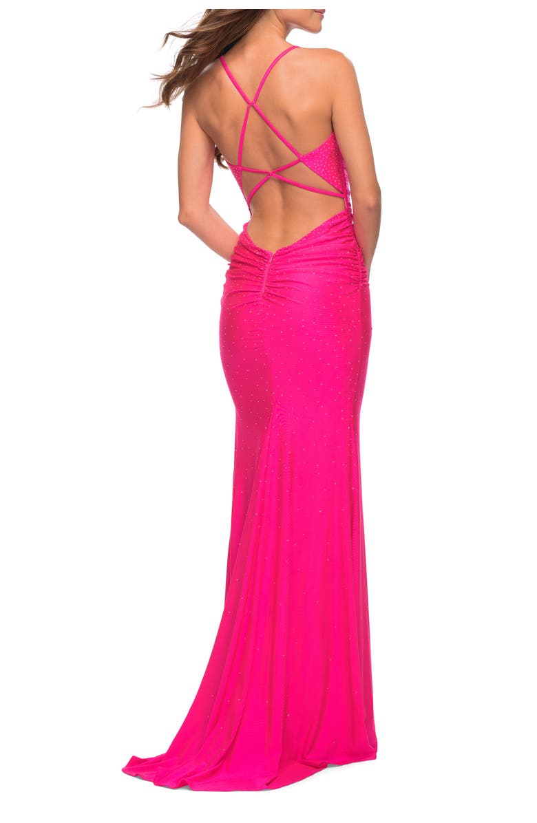 La Femme Sparkle Rhinestone Long Jersey Prom Dress in Neon Pink, Alternate, color, Neon Pink