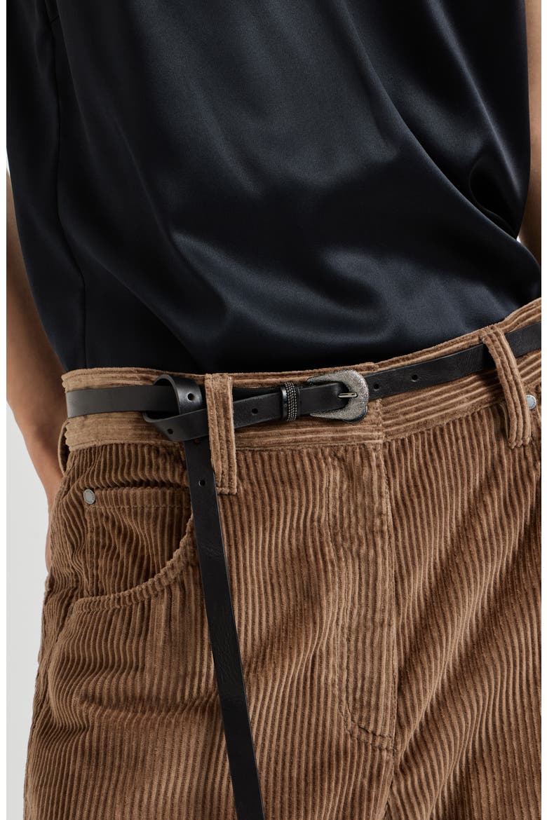Vintage-effect leather belt with shimmering buckle and shiny loop, Alternate, color, Black