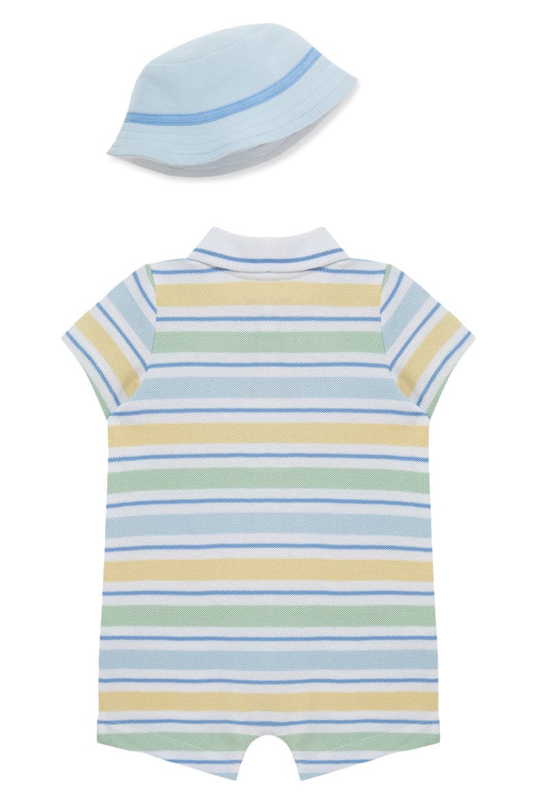 Stripe Cotton Polo Romper & Hat Set, Alternate, color, BLUE MULTI STRIPE