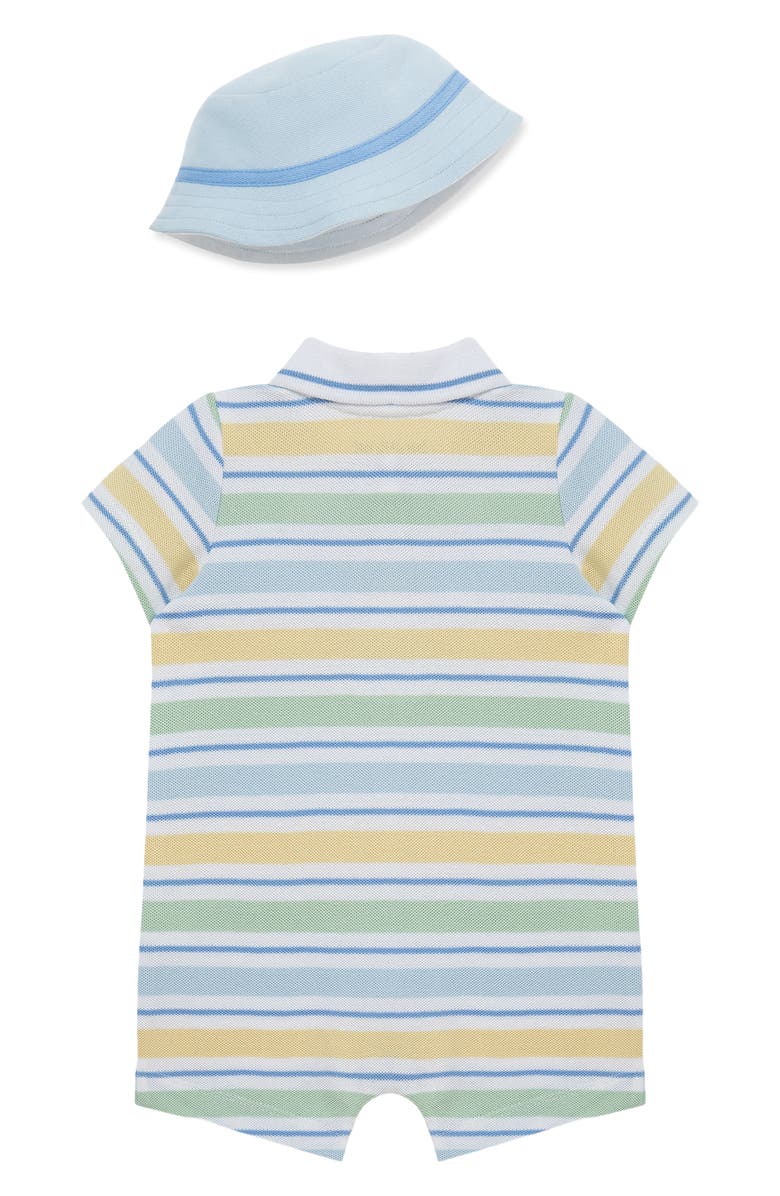 Little Me Stripe Cotton Polo Romper & Hat Set, Alternate, color, Blue Multi Stripe