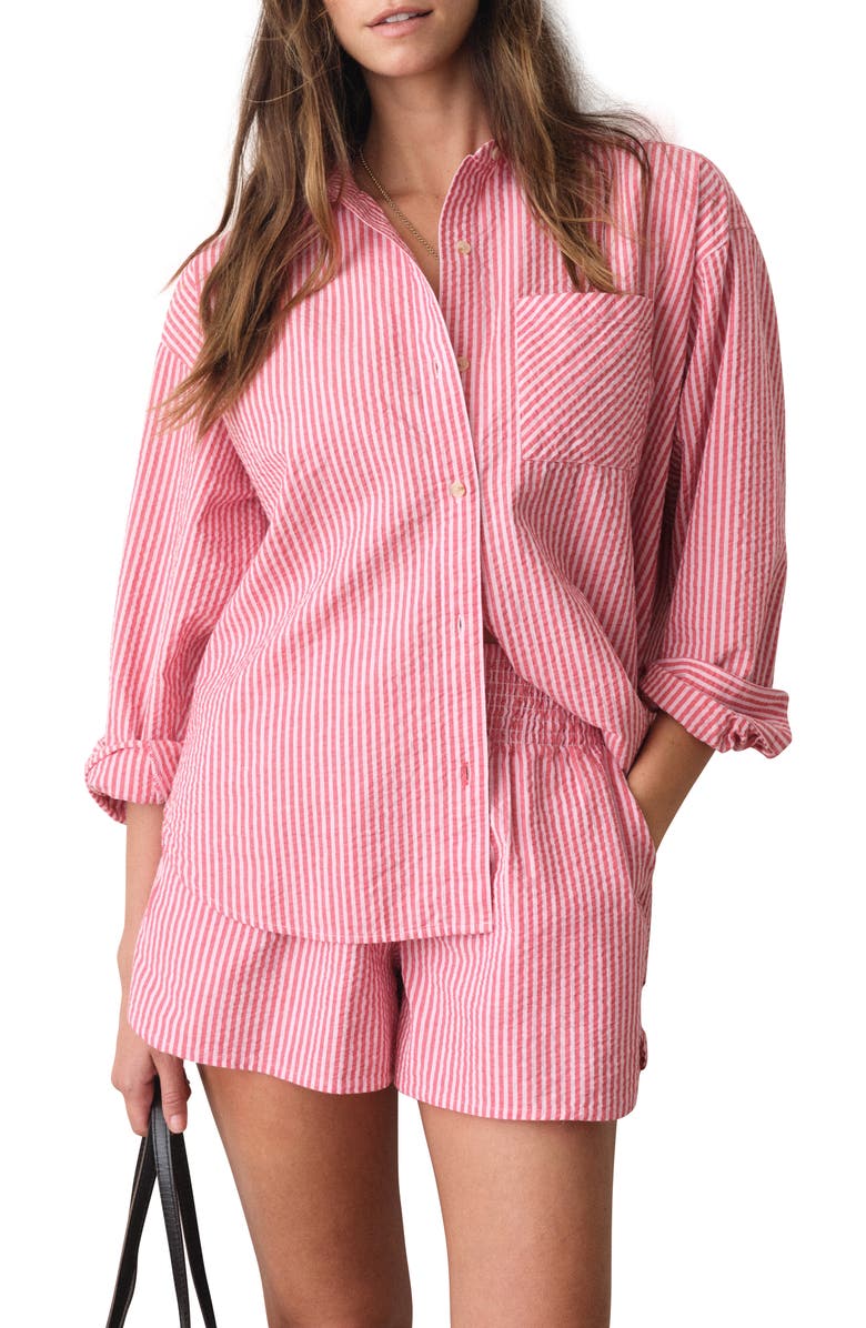Marine Layer Gracey Stripe Oversize Cotton & Kapok Seersucker Button-Up Shirt, Main, color,