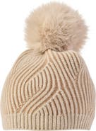 Sofia Cashmere Faux Fur Pompom Plaited Rib Cashmere Knit Beanie