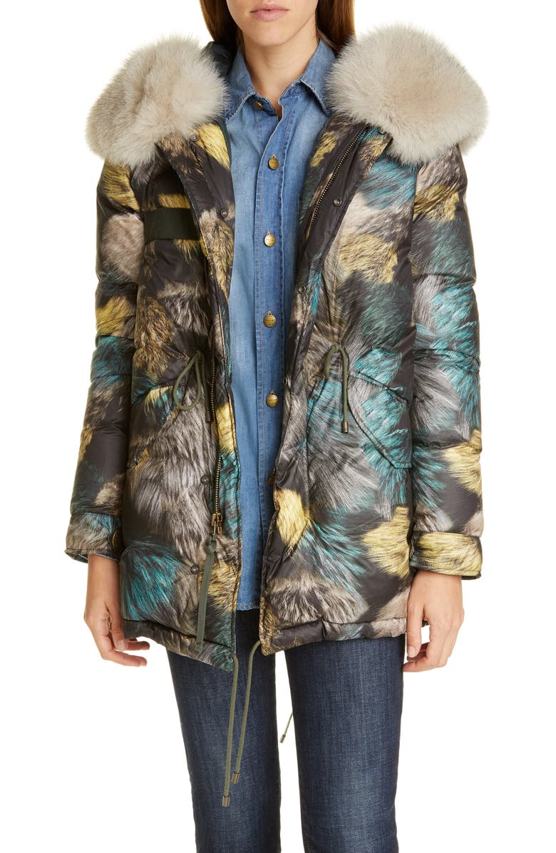 Mr & Mrs Italy Fur Print Down Puffer Coat with Removable Genuine Fox Fur Trim, Main, color, 