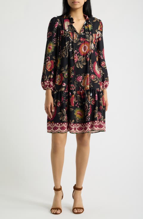 Floral Print Split Neck Dress