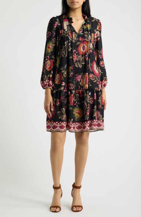 Floral Print Split Neck Dress