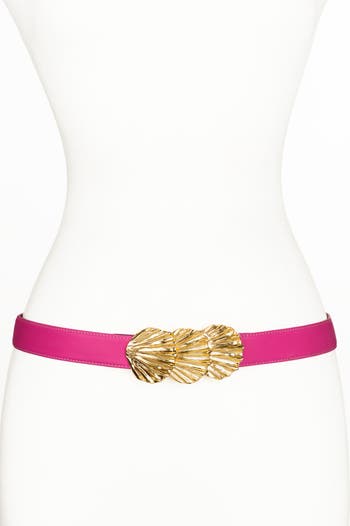 Raina Sally Pink Leather Belt Gold Shell Buckle Barbiecore Coastal Chic USA 80s VINTAGE Pink Belt Womens XS Leather Gold Buckle Chic  main image 4