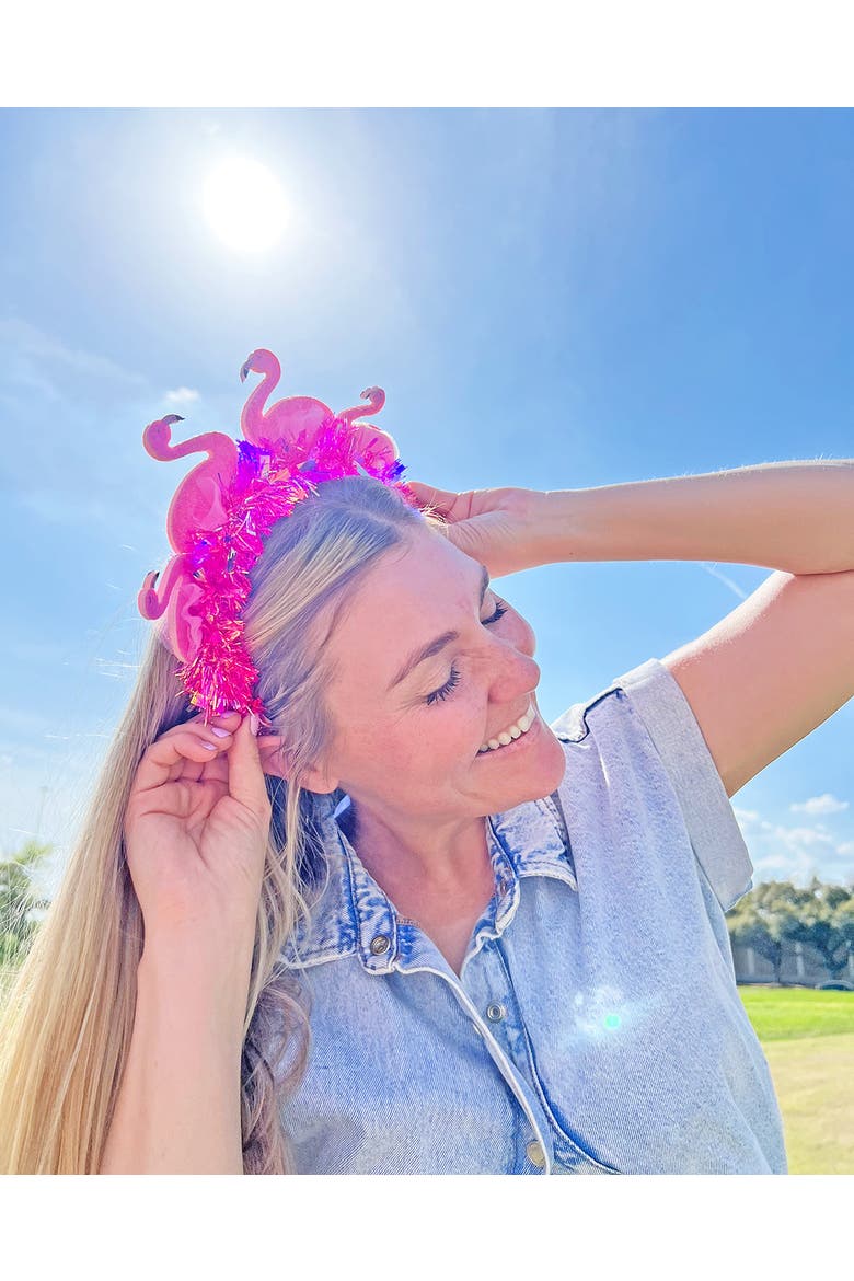 Flamingo Party Novelty Headband - Pink Tinsel with 3D Glitter Flamingos for Beach, Pool, and Bachelorette Parties, 8.5x9.5 Inch, One Size, Alternate, color, Pink