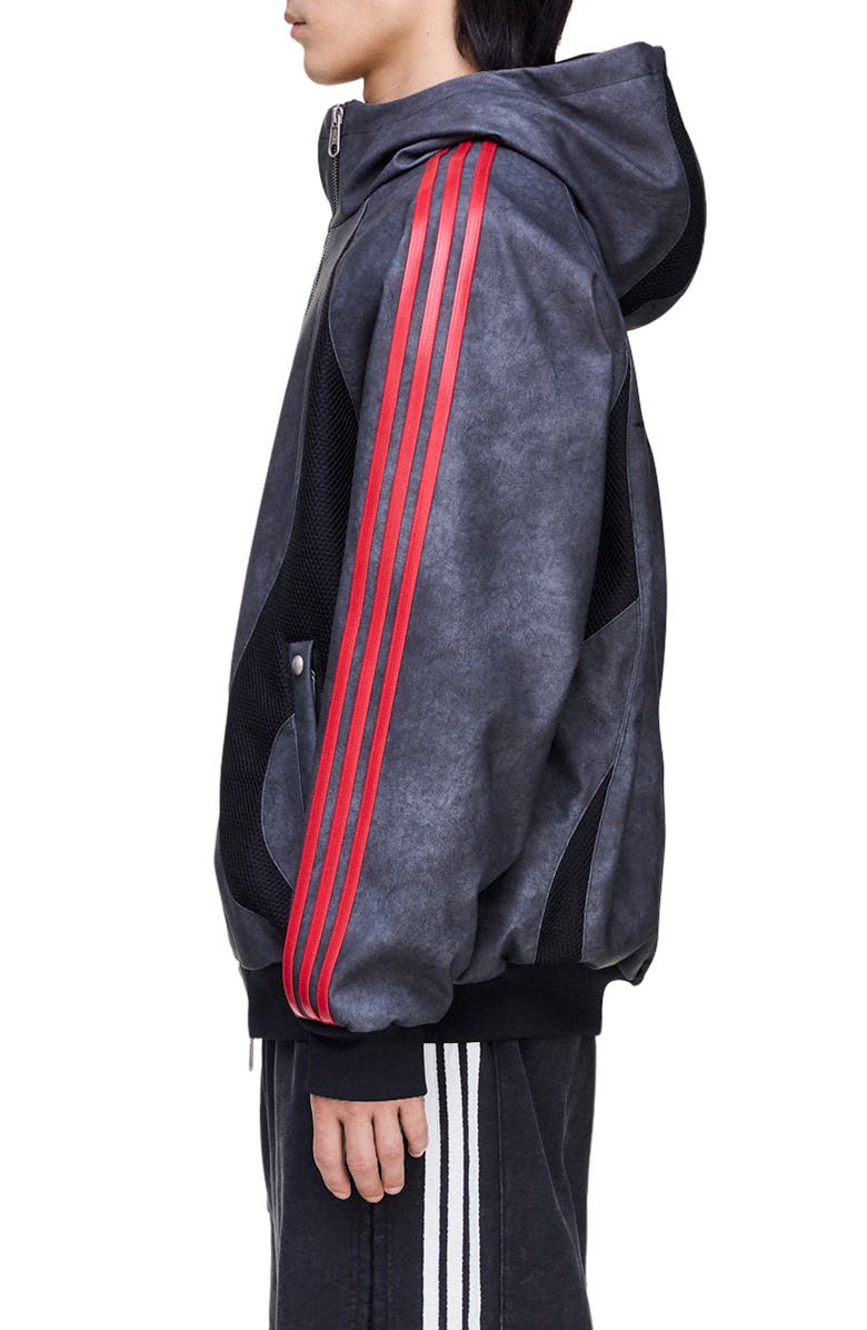 adidas Mesh Inset Faux Leather Bomber Jacket, Alternate, color, Black/ Antique Silver