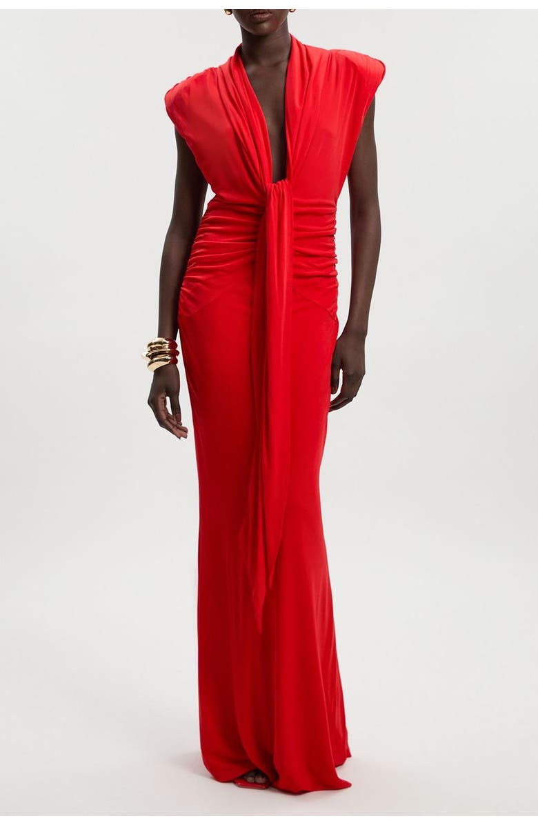 Karen Millen Plunge Ruched Twist Jersey Maxi Dress, Alternate, color, Red