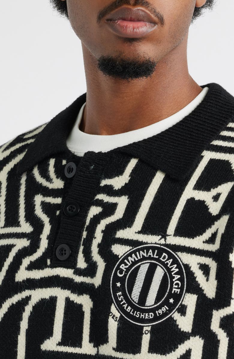 CRIMINAL DAMAGE Oversize Logo Jacquard Polo Sweater, Alternate, color, Black/Off White