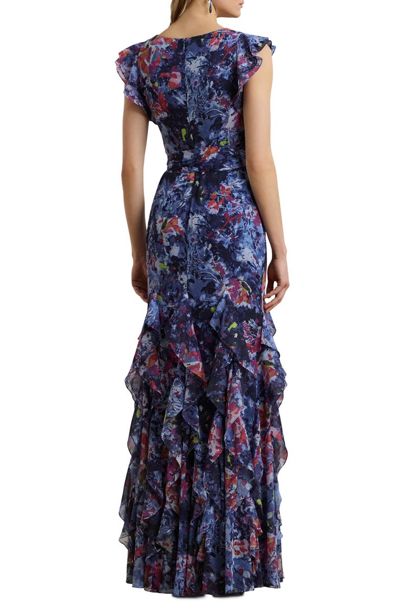 Lauren Ralph Lauren Abstract Floral Ruffle Detail Crinkle Georgette Gown, Alternate, color,