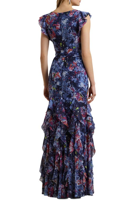 Ralph Lauren Print Ruffle-trim Crinkle Georgette Gown In Blue