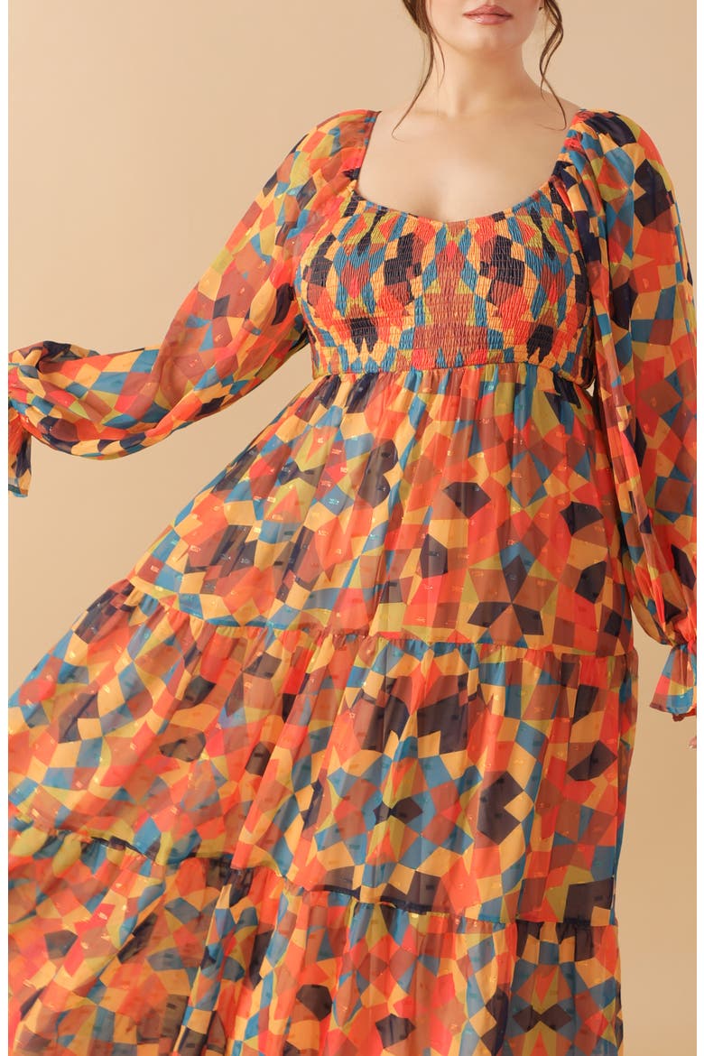 Long Sleeve Clip Dot Chiffon Midi Dress, Alternate, color, RUST NAVY