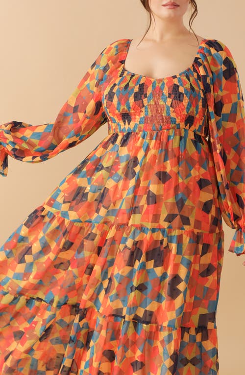 Flying Tomato Long Sleeve Clip Dot Chiffon Midi Dress In Orange
