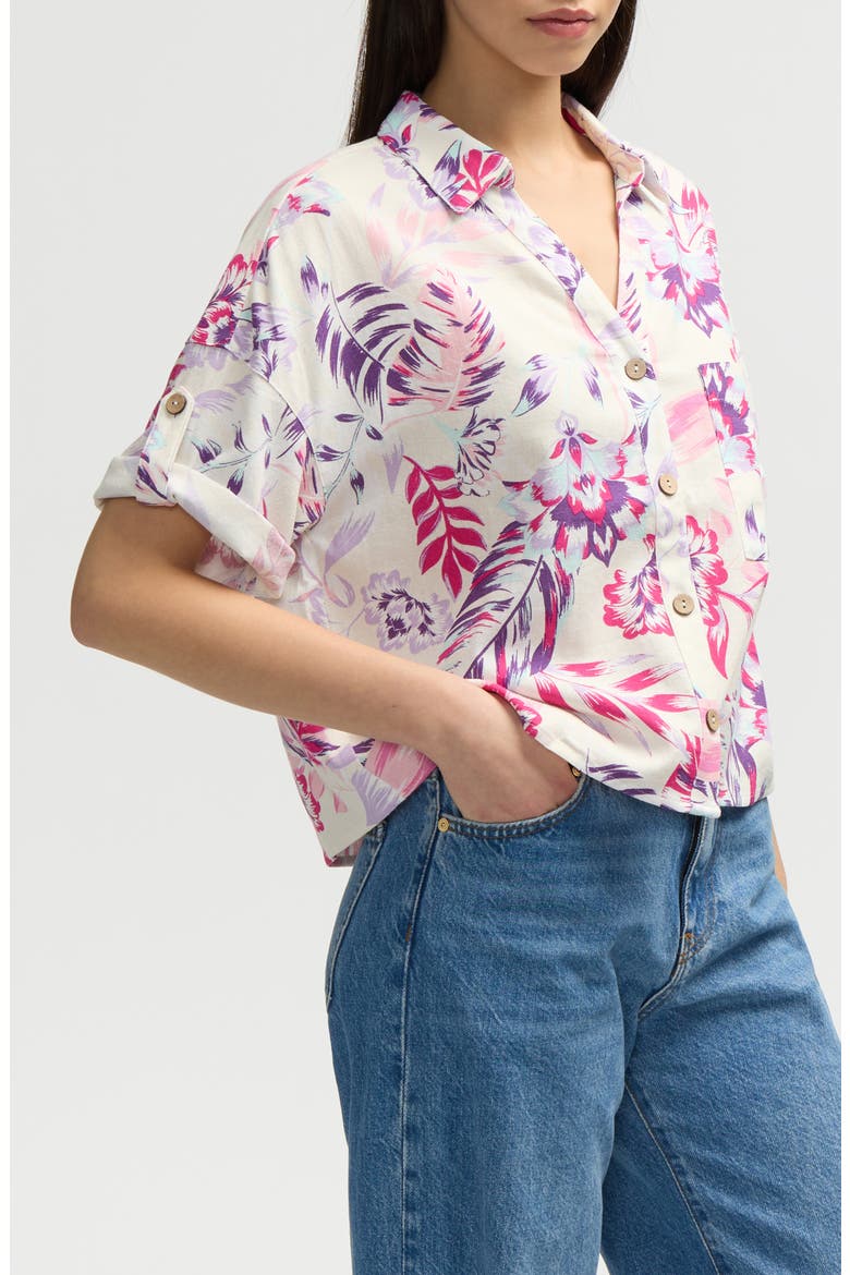Short Sleeve Crop Button-Up Shirt, Alternate, color, TROPICAL PINK
