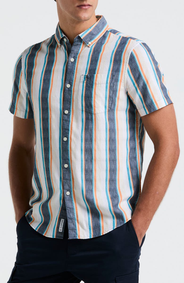 Original Penguin Crinkle Stripe Short Sleeve Button-Up Shirt, Alternate, color, Blue Wing Teal