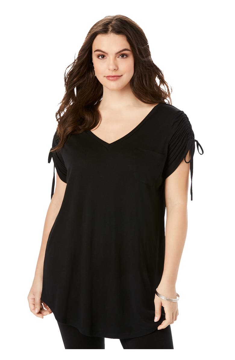 Roaman's Plus Size Ruched Sleeve Ultra Drape Tunic, Main, color, Black